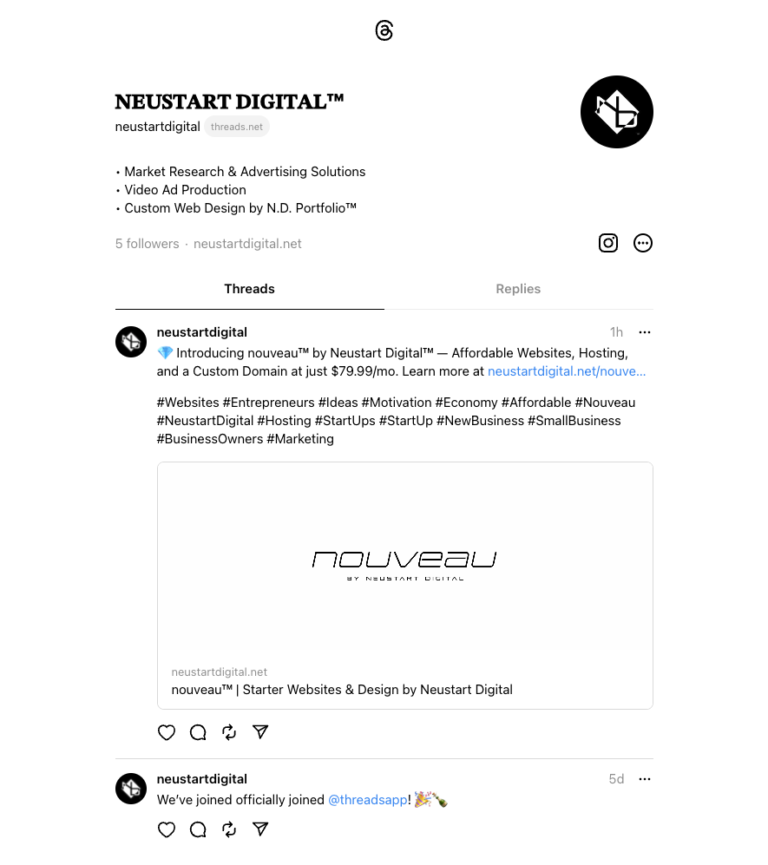 Neustart Digital has officially joined Threads by Instagram.