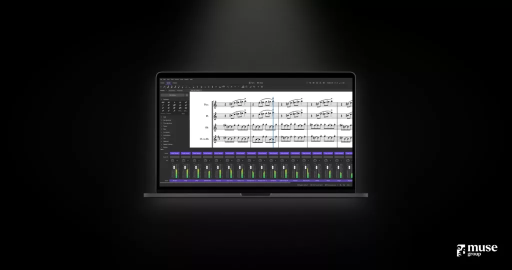 Laptop featuring a screenshot of MuseScore 4 in action. Software by Muse Group.